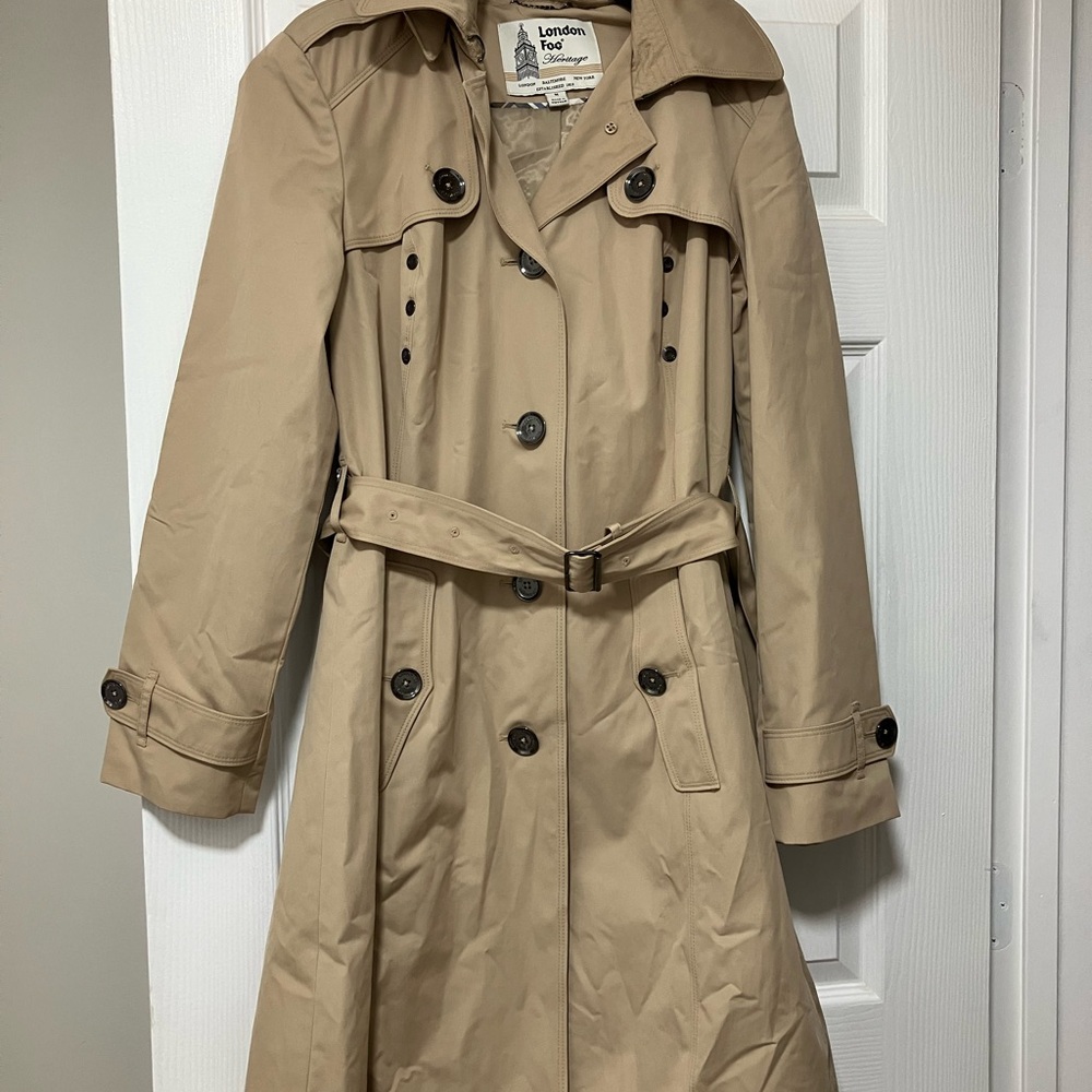 London Fog Women’s Classic Tan Trench Coat With Detachable Hood.